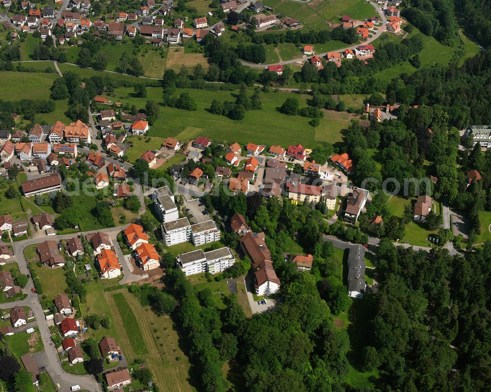 Schömberg from above - Town View of the streets and houses of the residential areas in Schömberg in the state Baden-Wuerttemberg, Germany