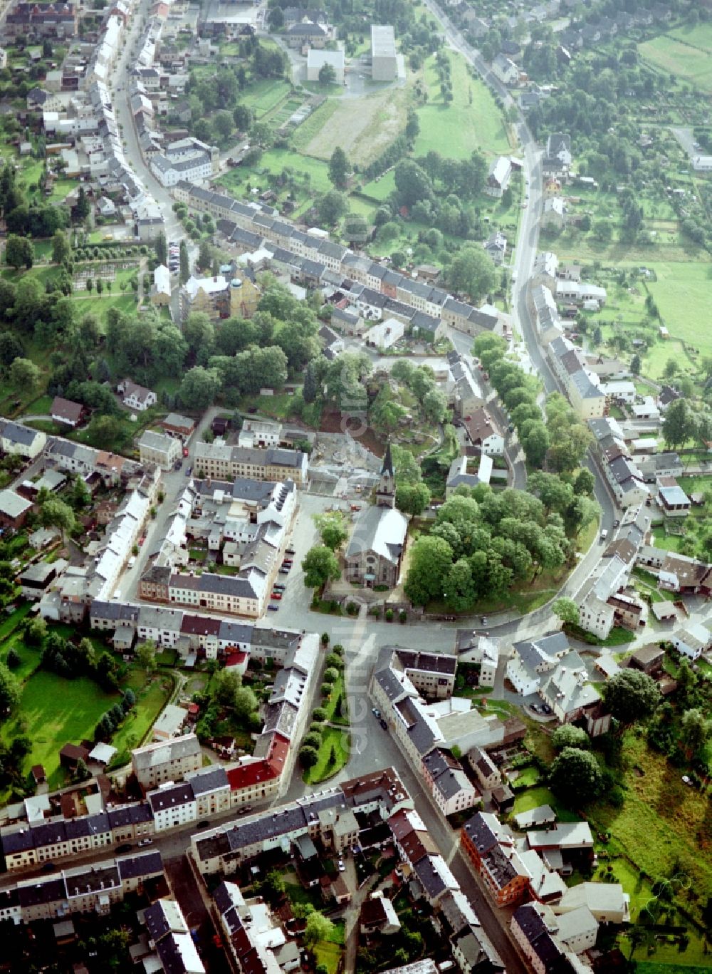 Schöneck/Vogtland from the bird's eye view: Town View of the streets and houses of the residential areas in Schoeneck/Vogtland in the state Saxony