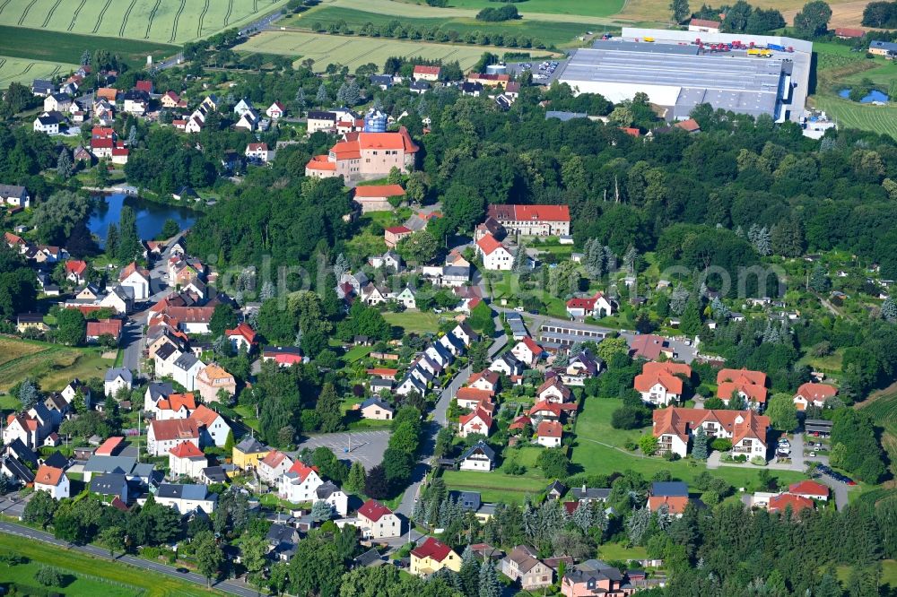 Schönfels from above - Town View of the streets and houses of the residential areas in Schoenfels in the state Saxony, Germany