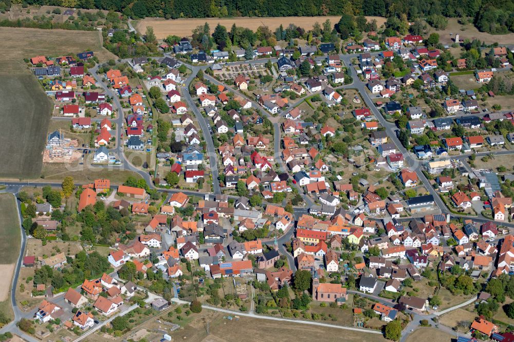 Schollbrunn from above - Town View of the streets and houses of the residential areas in Schollbrunn in the state Bavaria, Germany