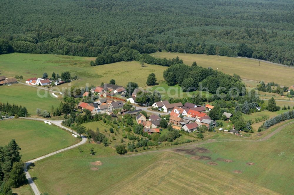 Aerial image Schrakau - View of the village of Schrakau in the state of Brandenburg. The residential village is located in the forest area of the nature park of Niederlausitzer Landruecken