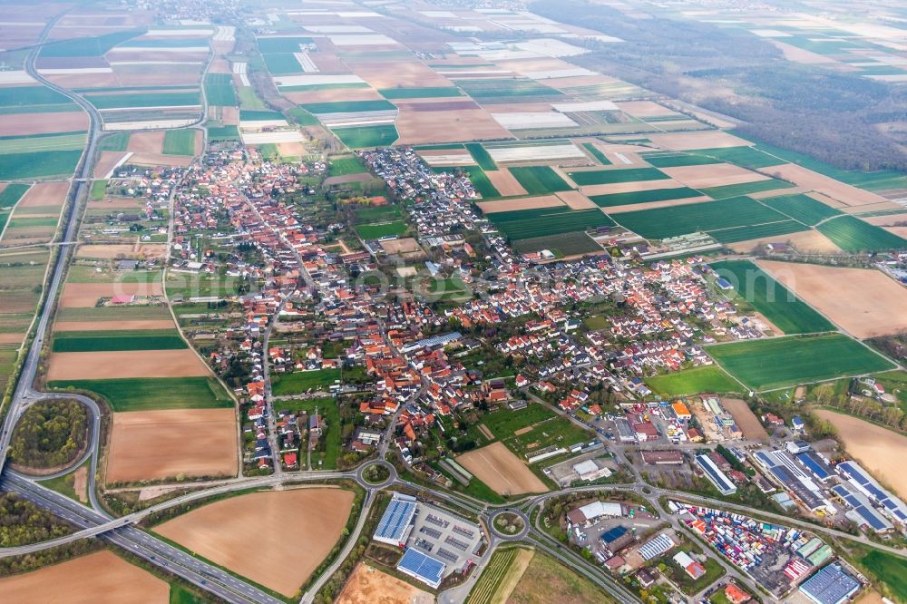 Schwegenheim from the bird's eye view: Town View of the streets and houses of the residential areas in Schwegenheim in the state Rhineland-Palatinate, Germany