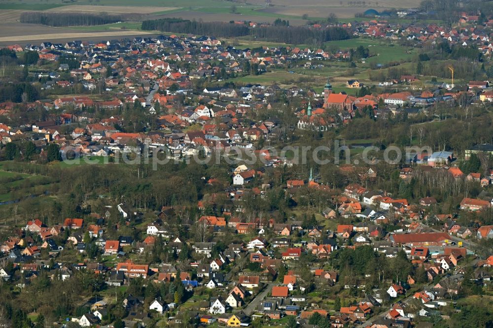 Südheide from above - Town View of the streets and houses of the residential areas in Suedheide in the state Lower Saxony, Germany