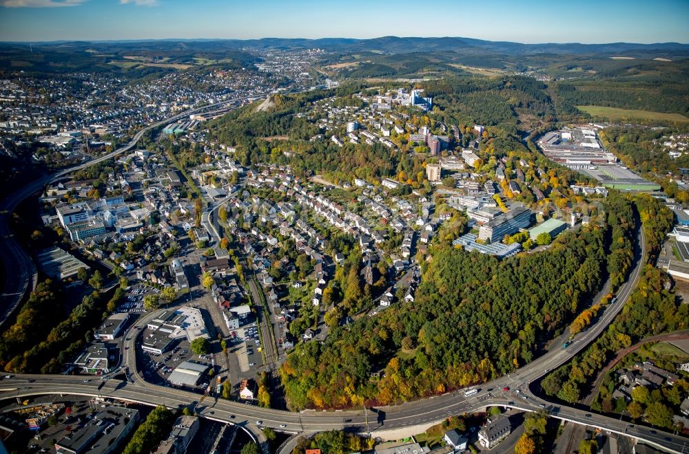 Aerial image Siegen - Town View of the streets and houses of the residential areas in Siegen in the state North Rhine-Westphalia. You can see the Haardter mountian the university Siegen and the federal roads B 62 and B 54