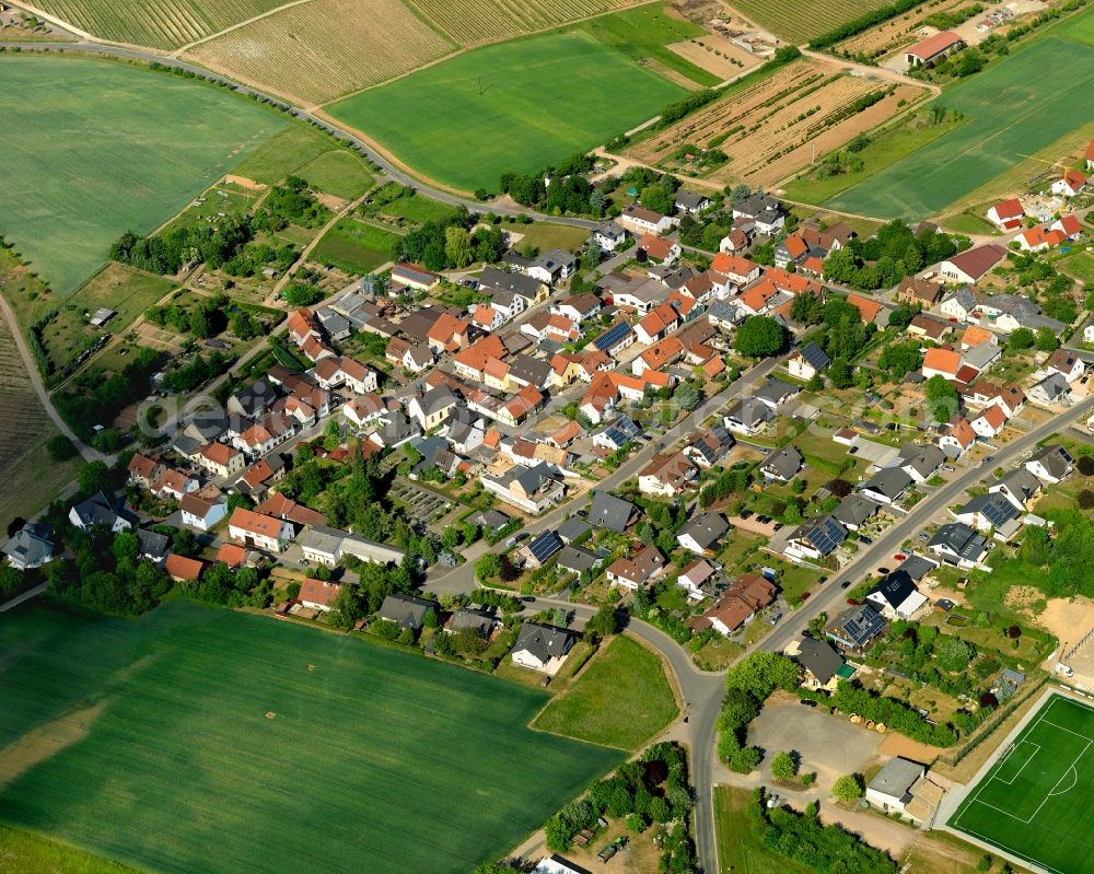 Sommerloch from above - View of Sommerloch in the state of Rhineland-Palatinate. Sommerloch is a borough and municipiality in the county district of Bad Kreuznach. It is located amidst vineyards in the Soonwald Forest. It mainly consists of residential buildings and agricultural businesses