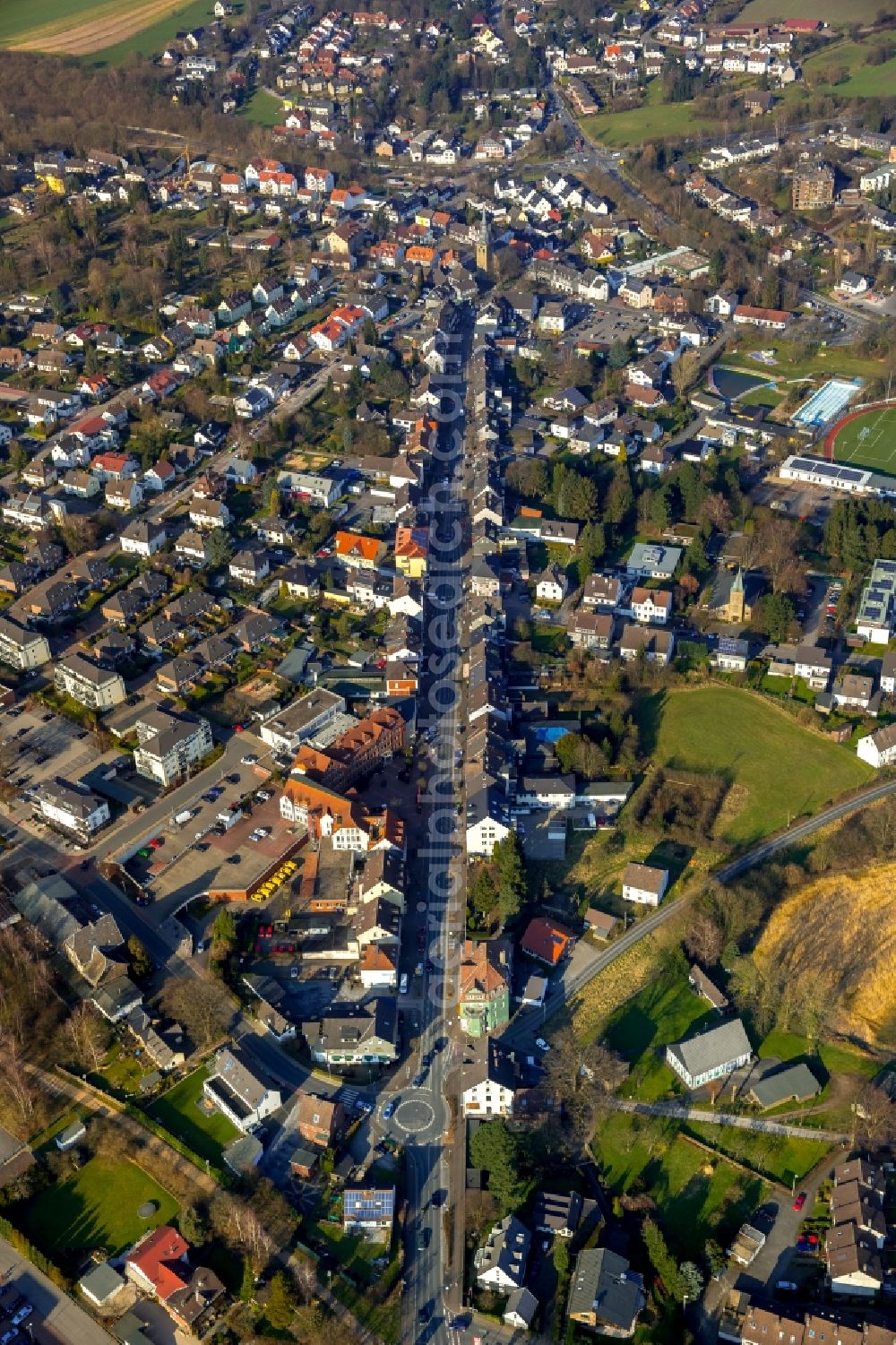 Sprockhövel from above - Town View of the streets and houses of the residential areas on Wuppertaler Strasse in Sprockhoevel in the state North Rhine-Westphalia