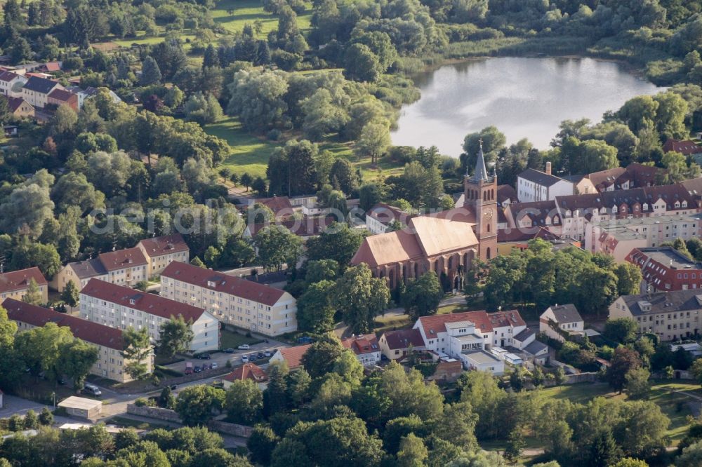 Aerial image Müncheberg - Town View of the streets and houses of the residential areas and church St. Marien in Muencheberg in the state Brandenburg