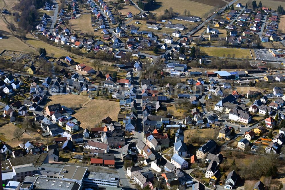 Stammbach from above - Town View of the streets and houses of the residential areas in Stammbach in the state Bavaria, Germany