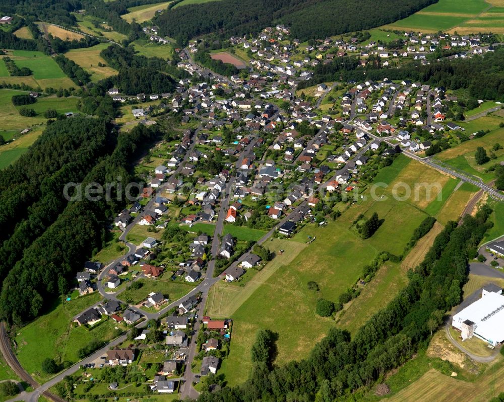 Aerial image Steinebach - View of Steinebach in the state of Rhineland-Palatinate. Steinebach is located in a valley of the river Sieg. It is an official tourist resort. Steinebach consists of residential areas and a business park. It is home to the mining pit Bindweide and the Westerwald Museum