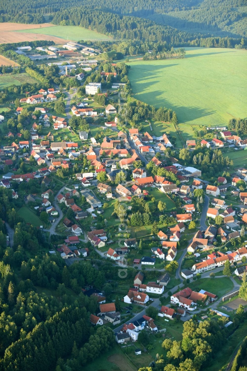 Straßberg from above - Town View of the streets and houses of the residential areas in Strassberg in the state Saxony-Anhalt, Germany