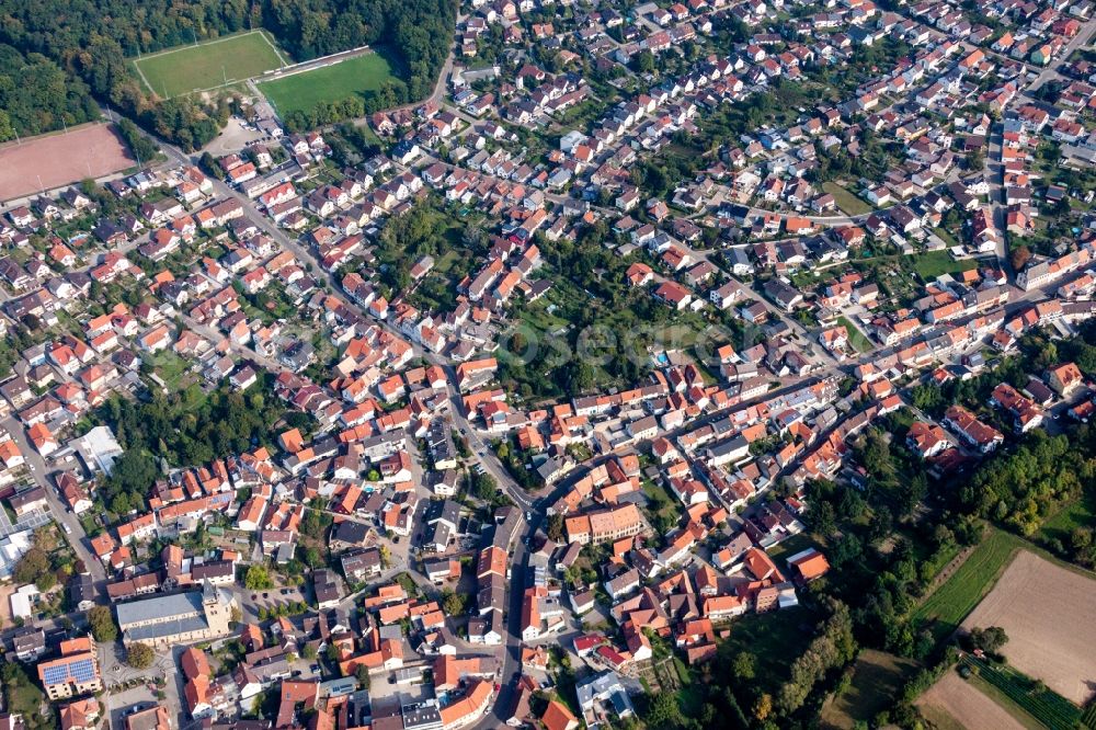 Östringen from above - Town View of the streets and houses of the residential areas in Oestringen in the state Baden-Wuerttemberg, Germany