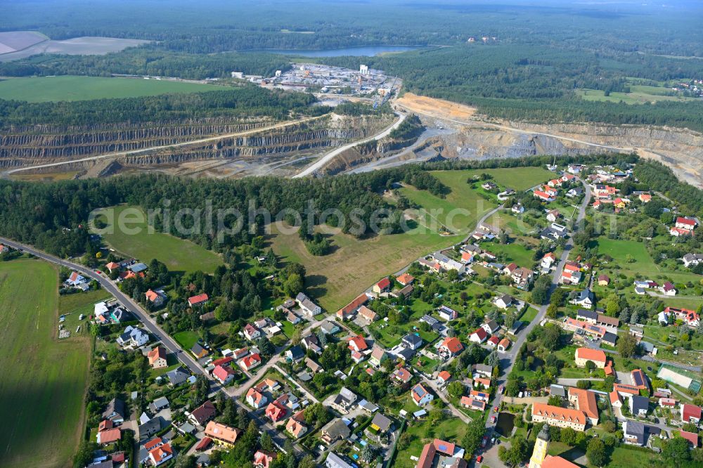 Oßling from above - Town View of the streets and houses of the residential areas in Ossling in the state Saxony, Germany