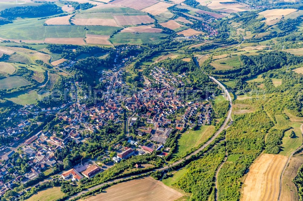 Aerial photograph Alsenz - Location view of the streets and houses of residential areas in the valley landscape surrounded by mountains in Alsenz in the state Rhineland-Palatinate, Germany