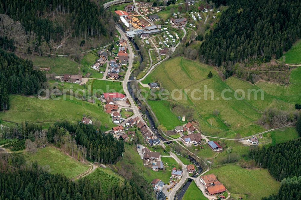 Bad Rippoldsau-Schapbach from above - Location view of the streets and houses of residential areas in the valley landscape surrounded by mountains in Bad Rippoldsau-Schapbach in the state Baden-Wuerttemberg, Germany