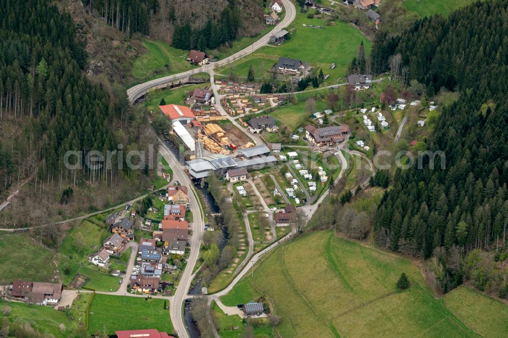 Bad Rippoldsau-Schapbach from the bird's eye view: Location view of the streets and houses of residential areas in the valley landscape surrounded by mountains in Bad Rippoldsau-Schapbach in the state Baden-Wuerttemberg, Germany