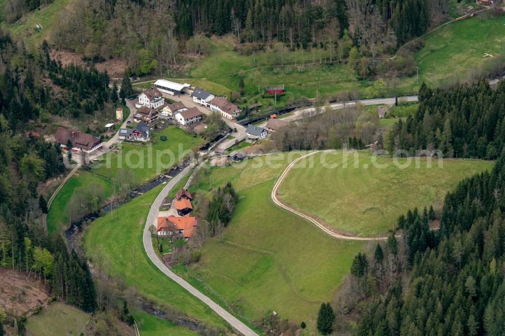 Aerial image Bad Rippoldsau-Schapbach - Location view of the streets and houses of residential areas in the valley landscape surrounded by mountains in Bad Rippoldsau-Schapbach in the state Baden-Wuerttemberg, Germany