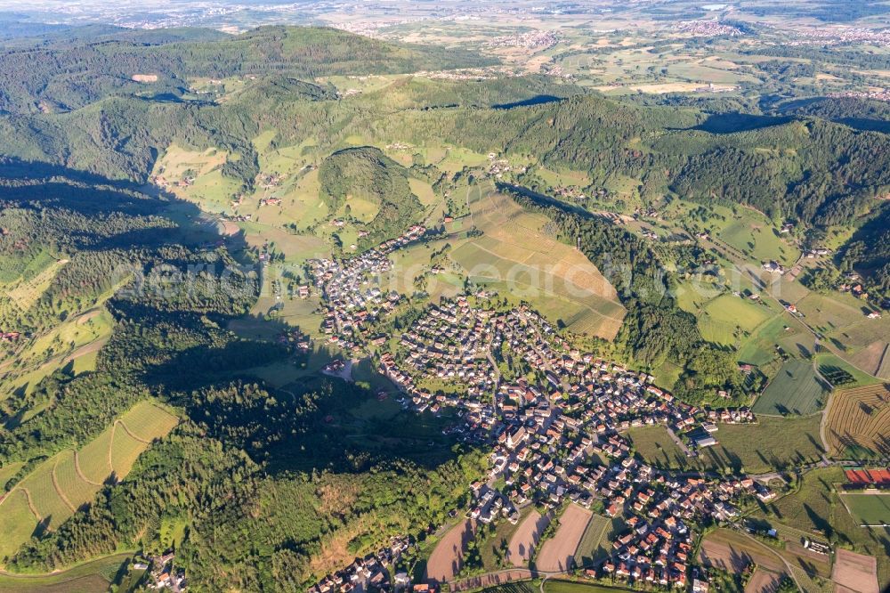 Berghaupten from the bird's eye view: Location view of the streets and houses of residential areas in the valley landscape surrounded by mountains in Berghaupten in the state Baden-Wurttemberg, Germany