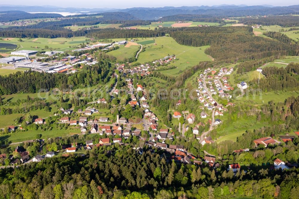 Betzweiler from above - Location view of the streets and houses of residential areas in the valley landscape surrounded by mountains in Betzweiler in the state Baden-Wurttemberg, Germany