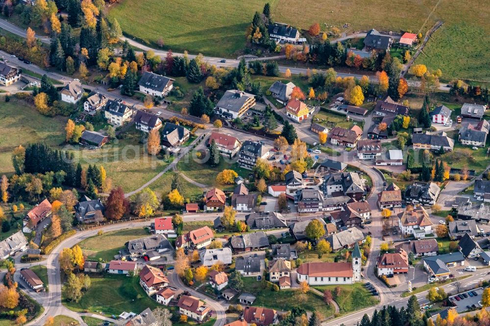 Aerial image Altglashütten - Location view of the streets and houses of residential areas in the valley landscape surrounded by mountains in Altglashuetten in the state Baden-Wuerttemberg, Germany