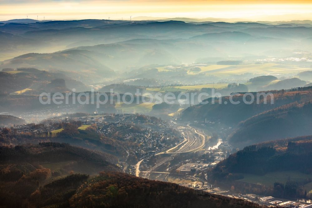 Finnentrop from above - Location view of the streets and houses of residential areas in the valley landscape surrounded by mountains in Finnentrop in the state North Rhine-Westphalia, Germany