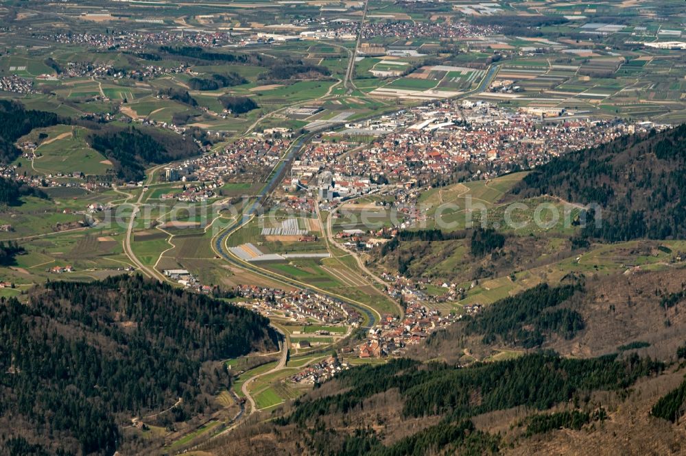 Aerial image Bottenau - Location view of the streets and houses of residential areas in the valley landscape surrounded by mountains in Bottenau in the state Baden-Wuerttemberg, Germany