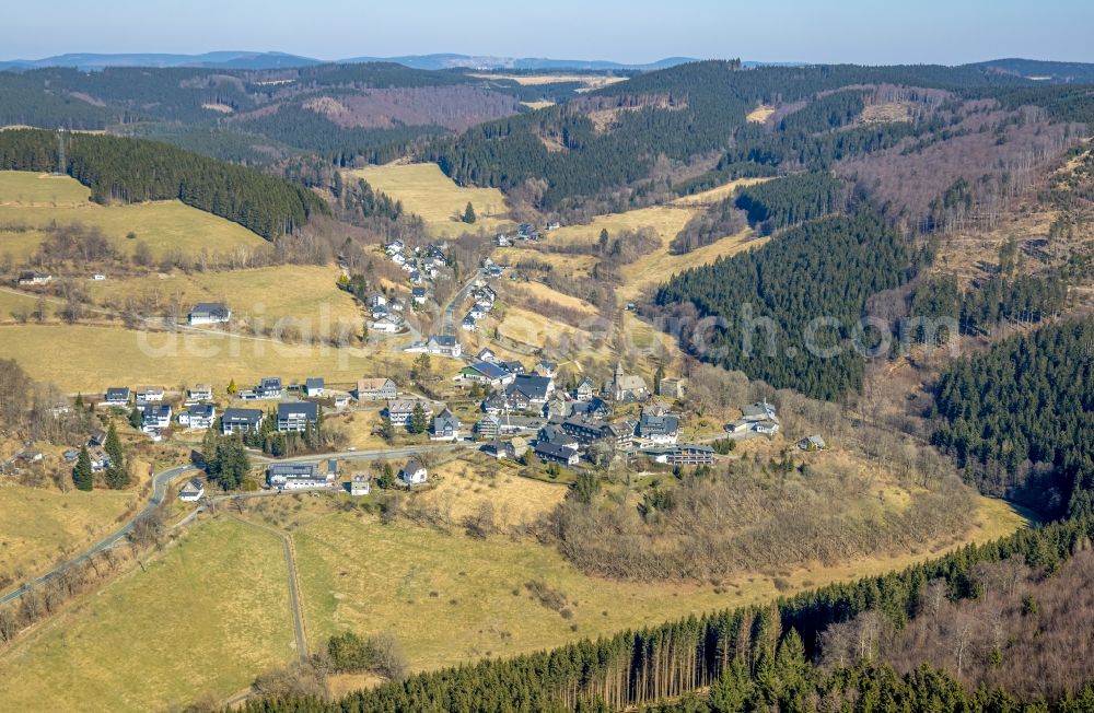 Aerial image Nordenau - Location view of the streets and houses of residential areas in the valley landscape surrounded by mountains in Nordenau at Sauerland in the state North Rhine-Westphalia, Germany