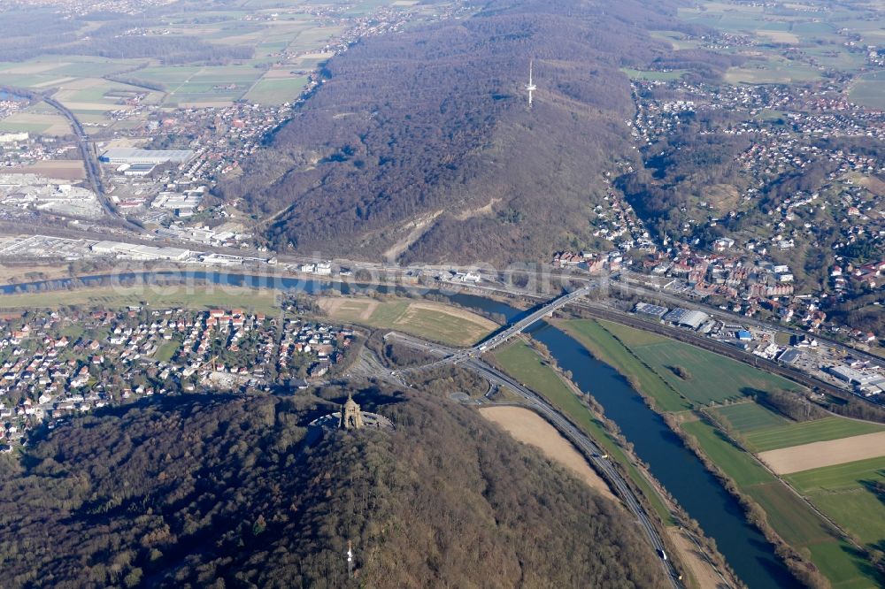 Aerial image Porta Westfalica - Location view of the streets and houses of residential areas in the valley landscape surrounded by mountains in the district Holzhausen in Porta Westfalica in the state North Rhine-Westphalia, Germany