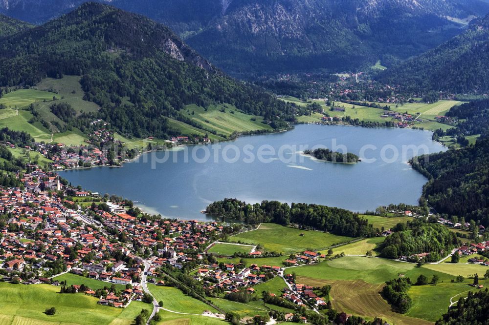 Aerial image Schliersee - Location view of the streets and houses of residential areas in the valley landscape surrounded by mountains in Schliersee in the state Bavaria, Germany