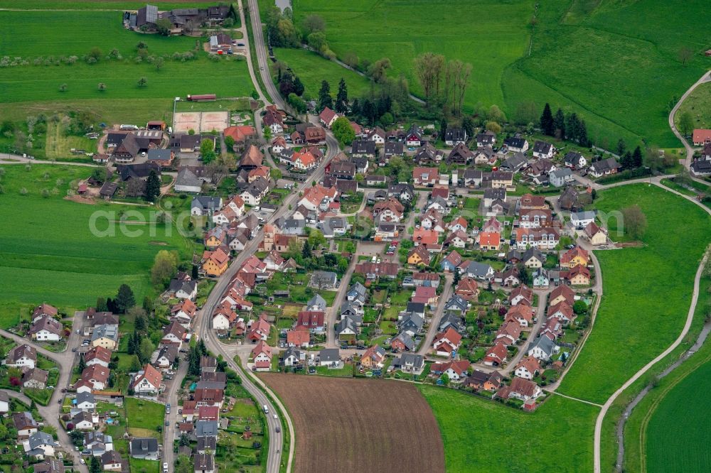 Aerial image Schuttertal - Location view of the streets and houses of residential areas in the valley landscape surrounded by mountains in Schuttertal in the state Baden-Wuerttemberg, Germany