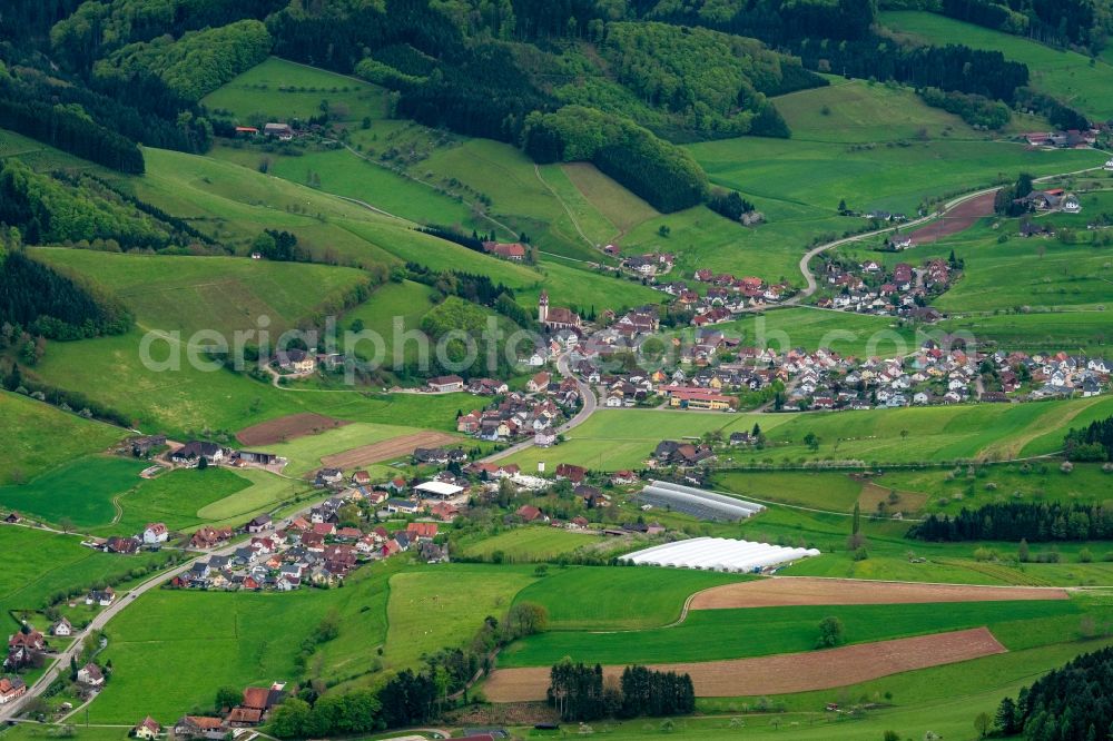 Aerial photograph Schuttertal - Location view of the streets and houses of residential areas in the valley landscape surrounded by mountains in Schuttertal in the state Baden-Wuerttemberg, Germany