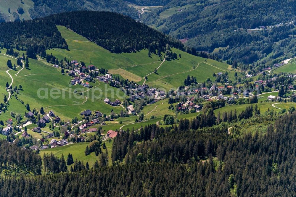 Aerial image Todtnauberg - Location view of the streets and houses of residential areas in the valley landscape surrounded by mountains in Todtnauberg in the state Baden-Wuerttemberg, Germany