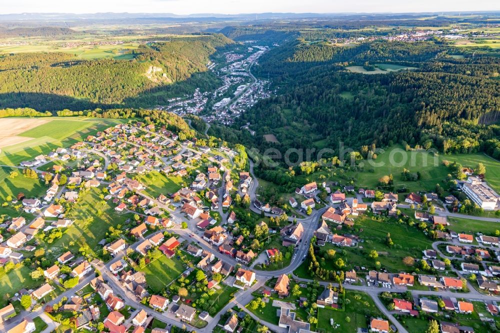 Weiden from above - Location view of the streets and houses of residential areas in the valley landscape surrounded by mountains in Weiden in the state Baden-Wurttemberg, Germany