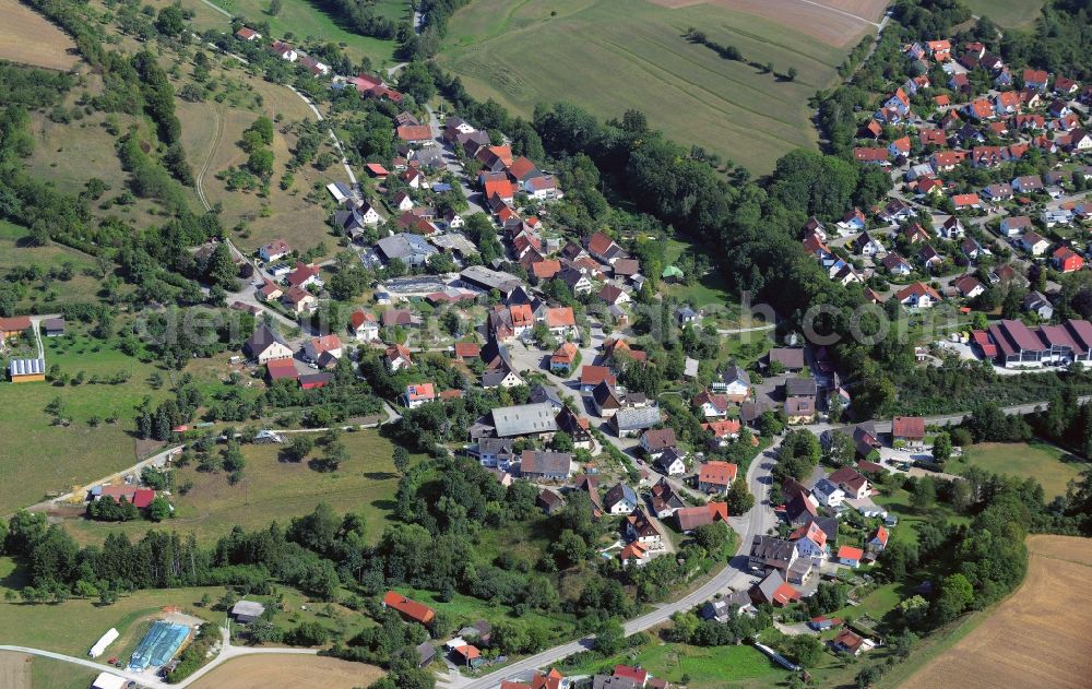 Vellberg from the bird's eye view: Town View of the streets and houses of the residential areas in Talheim in the state Baden-Wuerttemberg