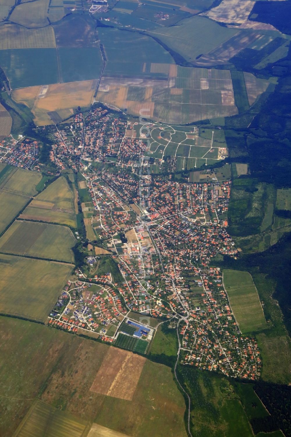 Telki from the bird's eye view: Town view of the streets and houses of the residential areas in Telki in Komitat Pest, Hungary