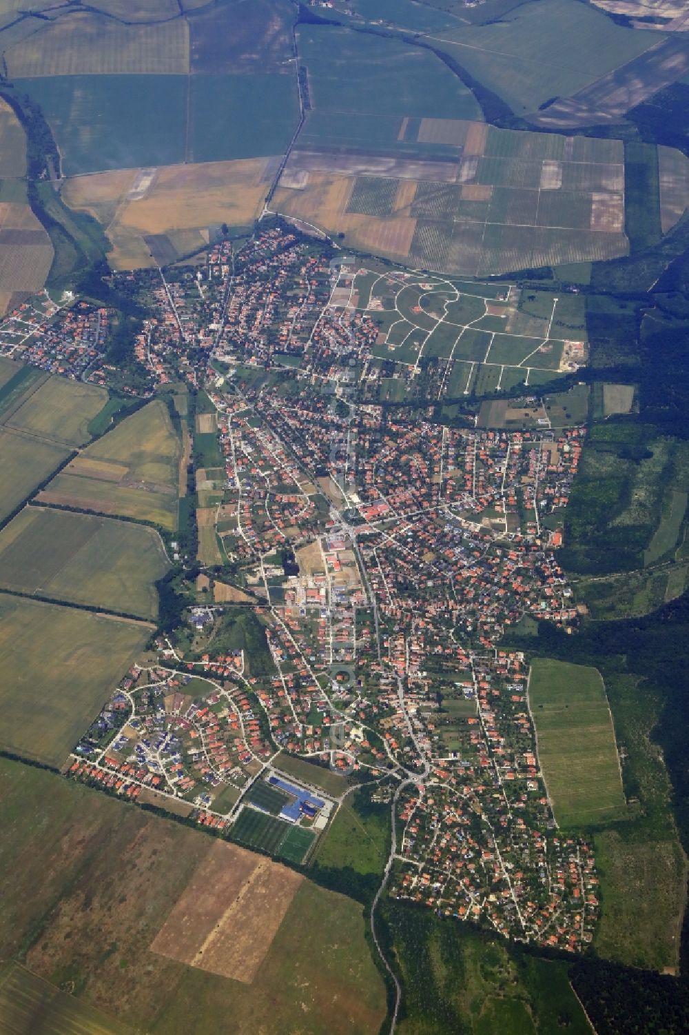 Aerial image Telki - Town view of the streets and houses of the residential areas in Telki in Komitat Pest, Hungary