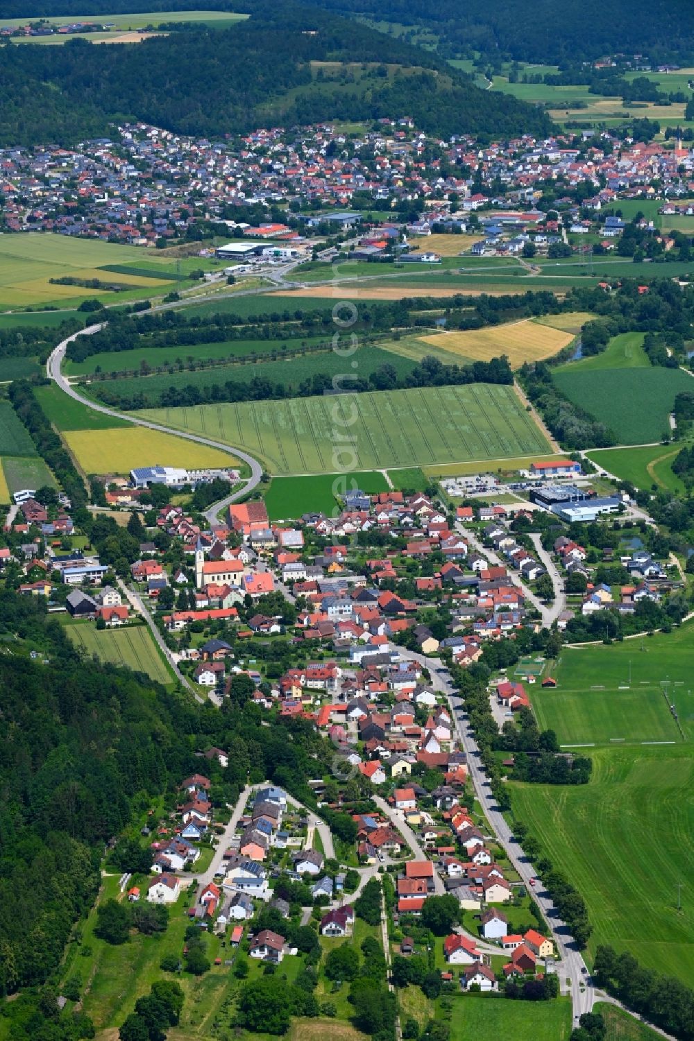 Töging from above - Town View of the streets and houses of the residential areas in Toeging in the state Bavaria, Germany