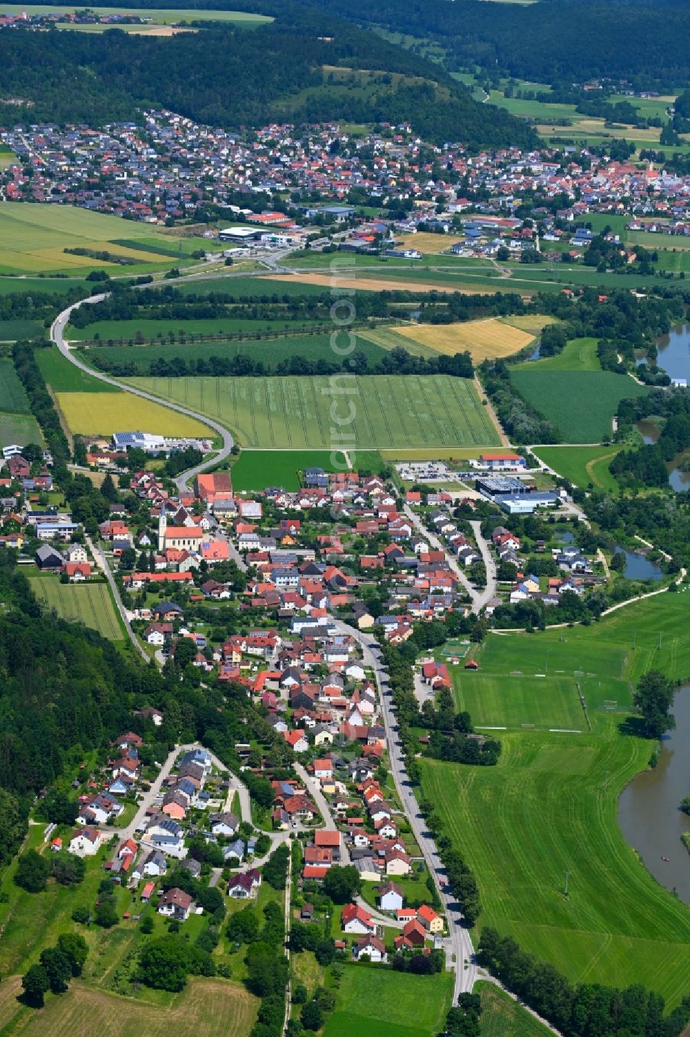 Töging from the bird's eye view: Town View of the streets and houses of the residential areas in Toeging in the state Bavaria, Germany