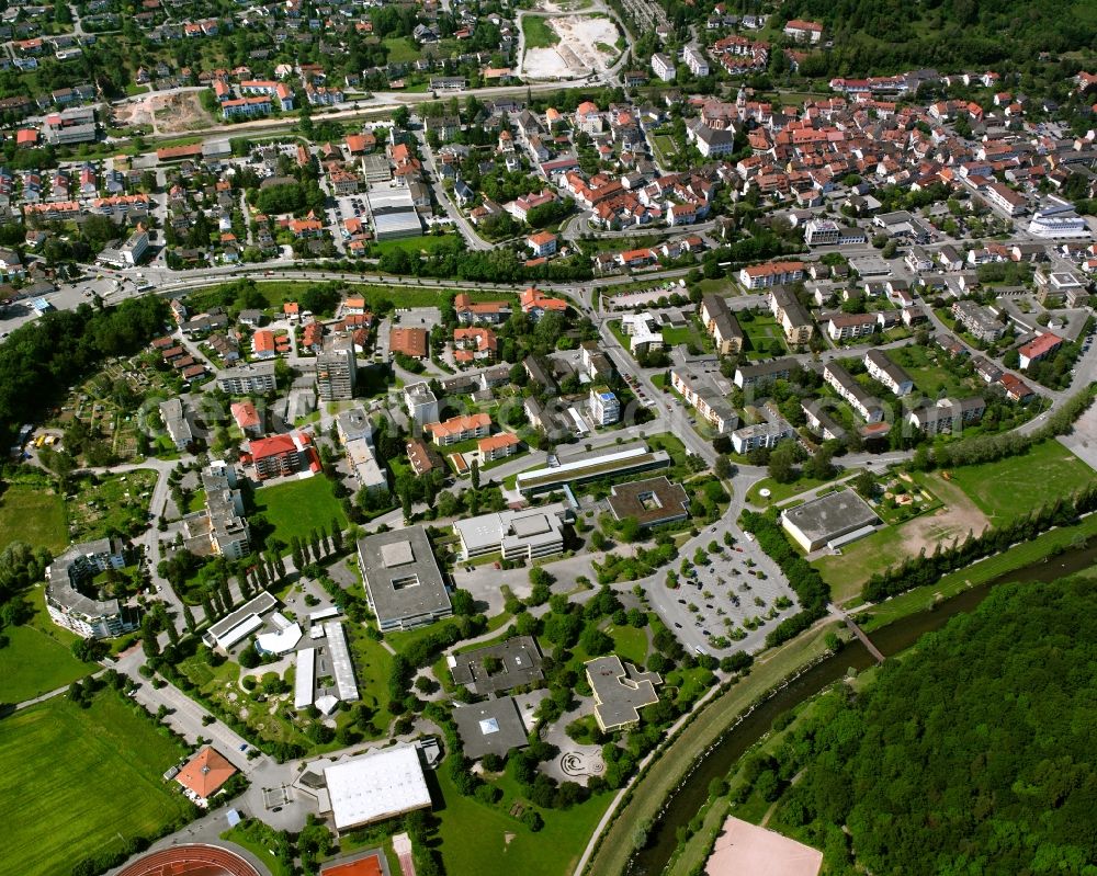 Tiengen from above - Town View of the streets and houses of the residential areas in Tiengen in the state Baden-Wuerttemberg, Germany