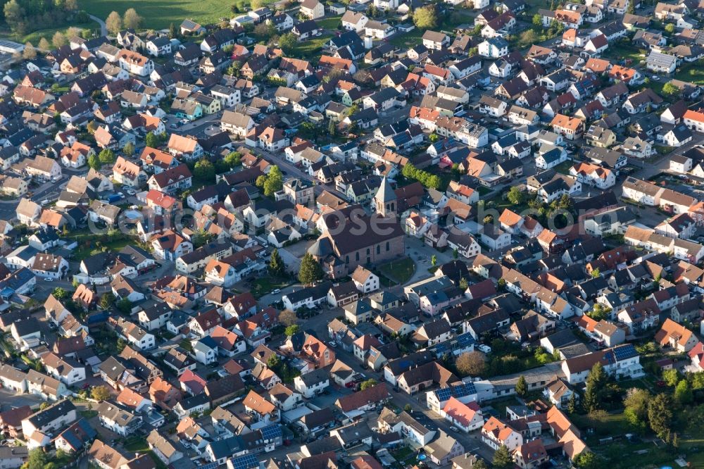 Ötigheim from above - Town View of the streets and houses of the residential areas in Oetigheim in the state Baden-Wuerttemberg, Germany