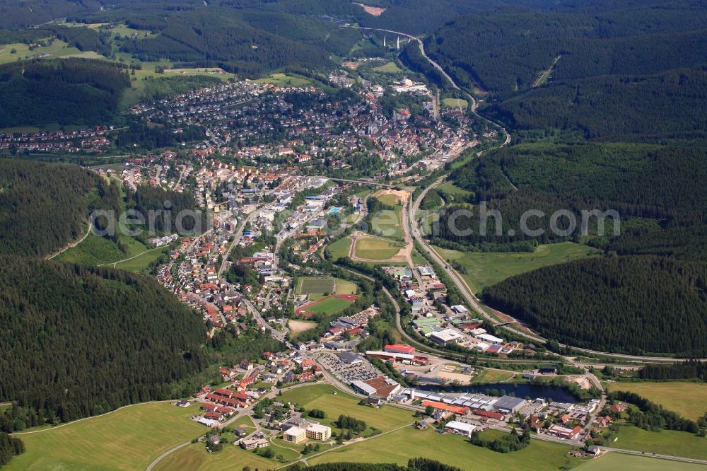 Aerial image Titisee-Neustadt - Town view of the streets and houses of the residential areas and the Train Station in Titisee-Neustadt in the state Baden-Wuerttemberg