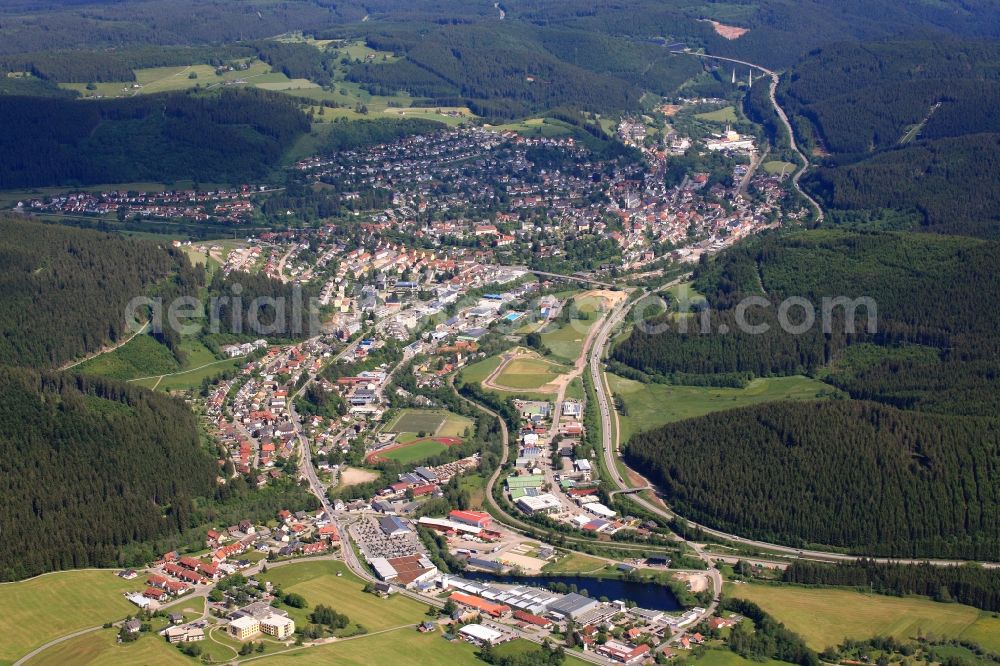 Aerial photograph Titisee-Neustadt - Town view of the streets and houses of the residential areas and the Train Station in Titisee-Neustadt in the state Baden-Wuerttemberg