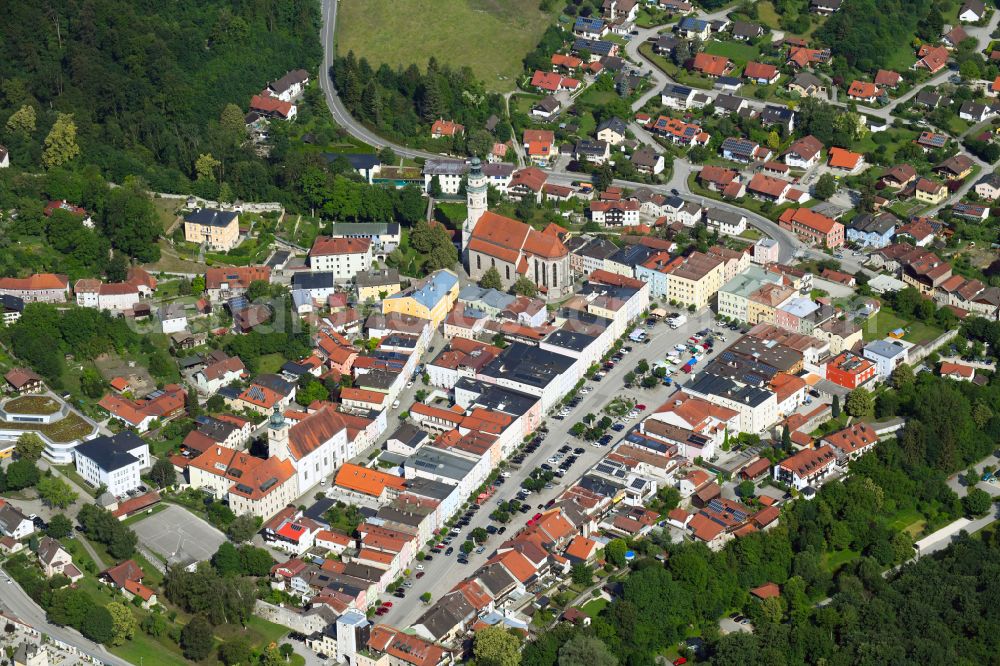 Tittmoning from above - Town View of the streets and houses of the residential areas in Tittmoning in the state Bavaria, Germany