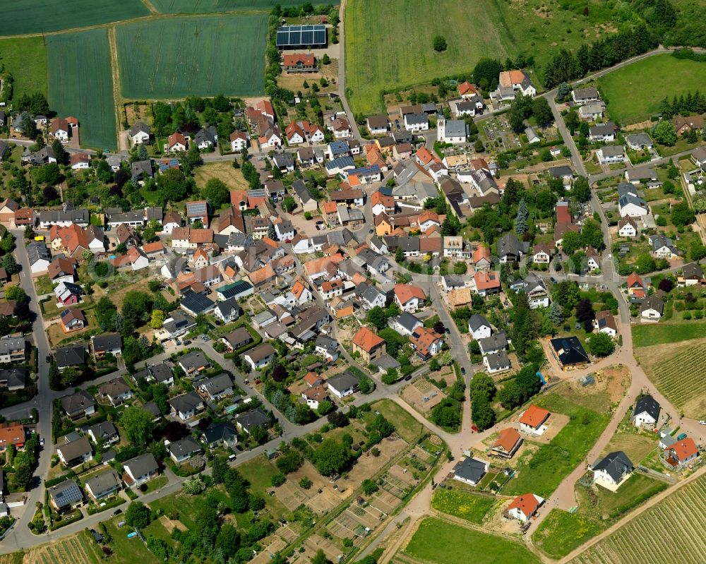 Traisen from above - View of the borough of Traisen in the state of Rhineland-Palatinate. The municipiality is located in the Nahe Valley on the riverbank of the river Nahe, near the Rotenfels region. Traisen is an important wine-growing village of the region