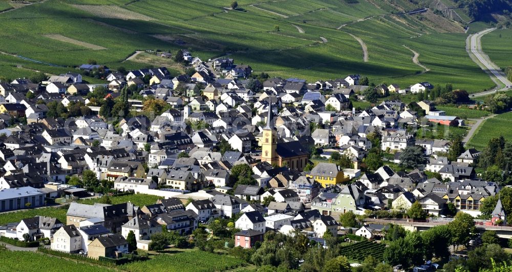 Trittenheim from above - Town View of the streets and houses of the residential areas in Trittenheim in the state Rhineland-Palatinate, Germany