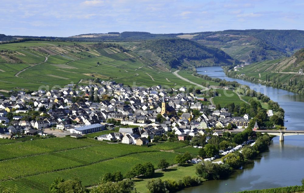 Trittenheim from the bird's eye view: Town View of the streets and houses of the residential areas in Trittenheim in the state Rhineland-Palatinate, Germany