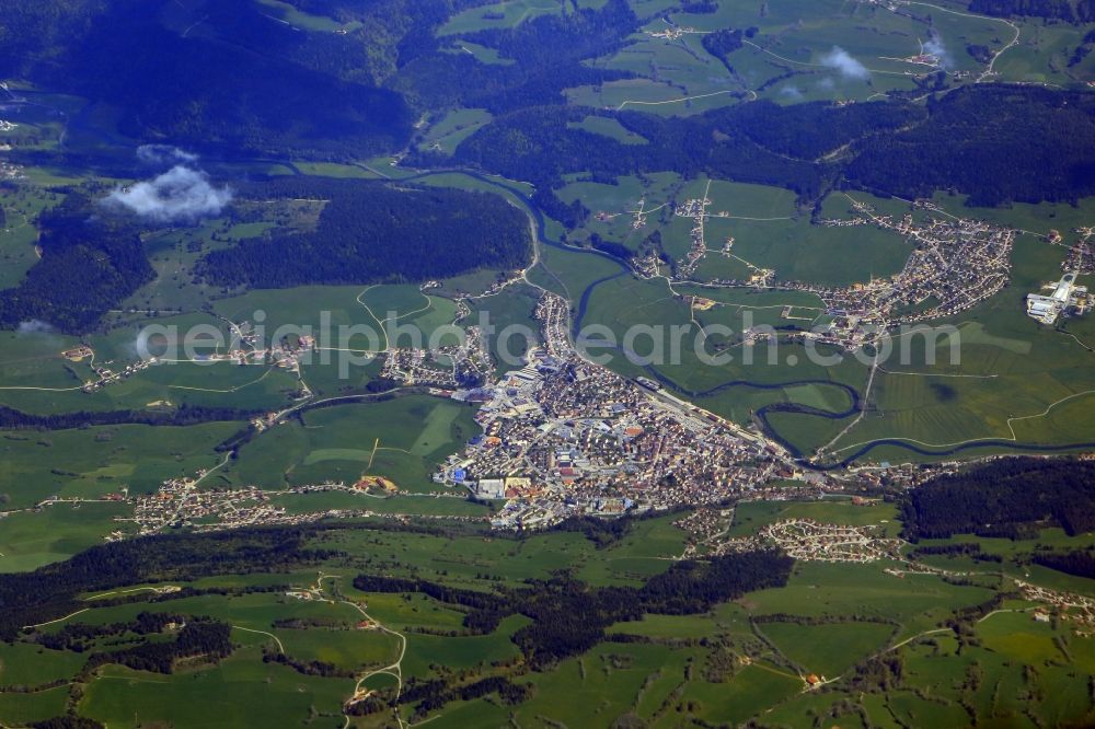 Morteau from above - Village on the banks of the area Doubs - river course in Morteau in Bourgogne-Franche-Comte, France