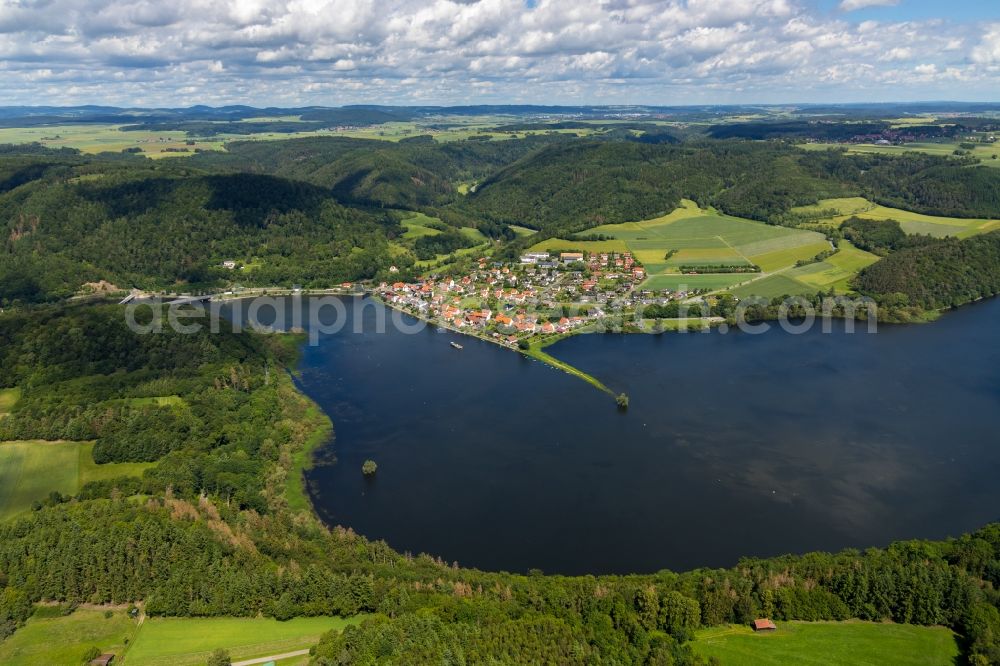 Aerial image Herzhausen - City view on the bank of the Eder in Herzhausen in the state of Hesse, Germany