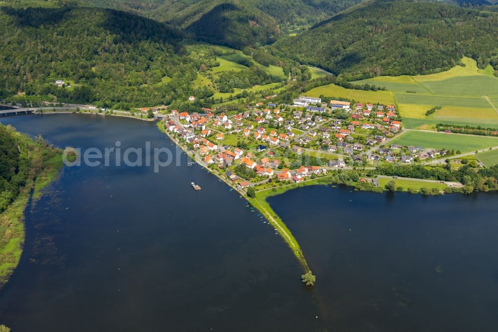 Herzhausen from above - City view on the bank of the Eder in Herzhausen in the state of Hesse, Germany