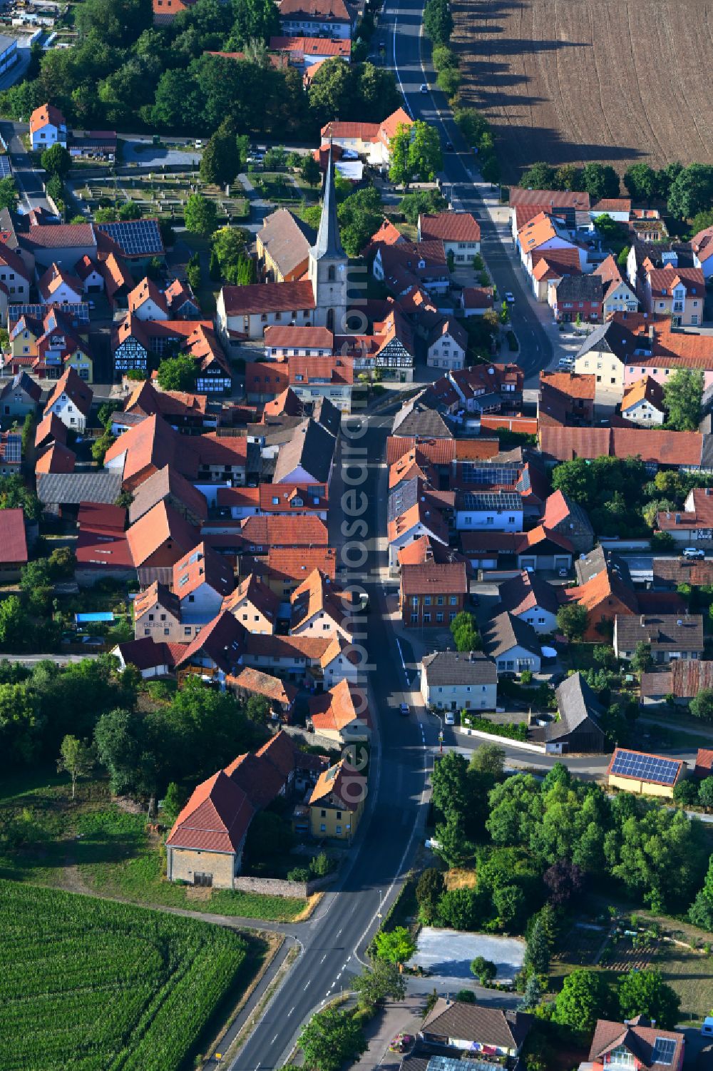 Aerial image Unsleben - Town View of the streets and houses of the residential areas in Unsleben in the state Bavaria, Germany