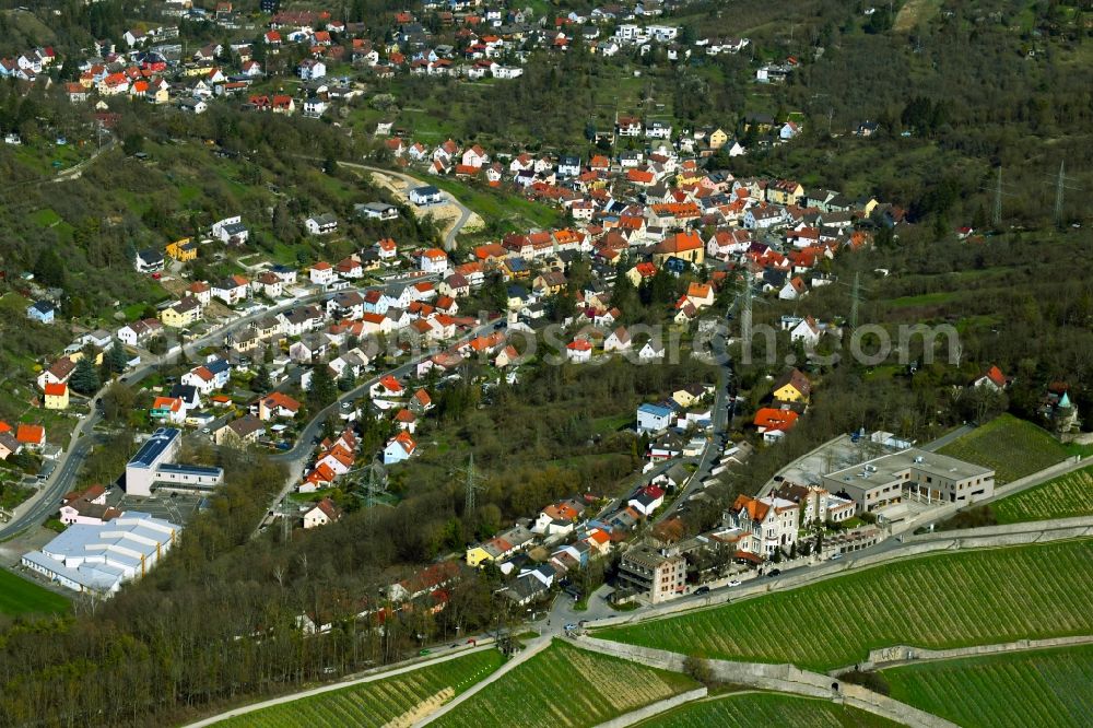 Unterdürrbach from the bird's eye view: View of the streets and houses of the residential areas in Unterduerrbach with vineyards in the state Bavaria, Germany